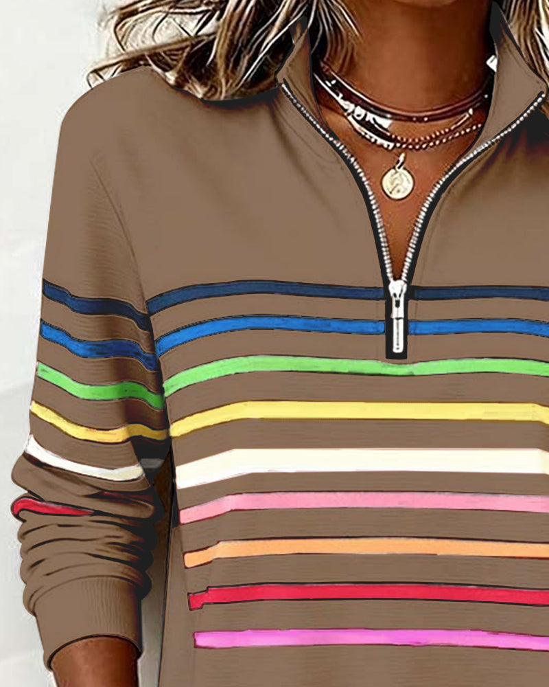 Women's Half Zip Sweatshirt – Rainbow Stripe Stand Collar Pullover