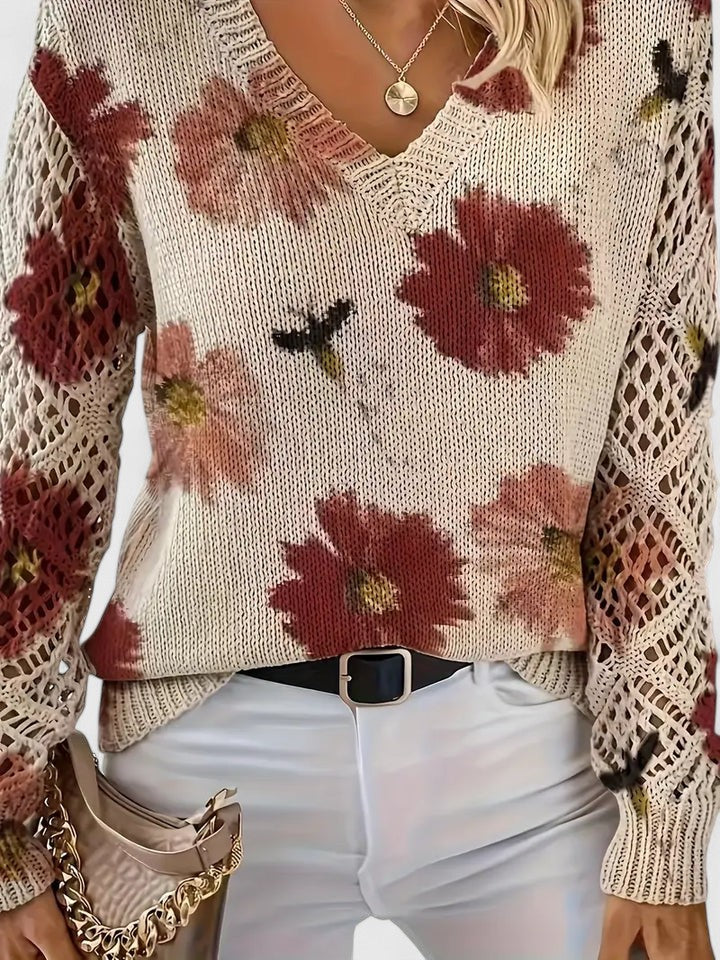 Women's Floral Sweater – V-Neck Long Sleeve Knit Pullover Top