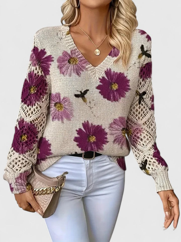 Women's Floral Sweater – V-Neck Long Sleeve Knit Pullover Top