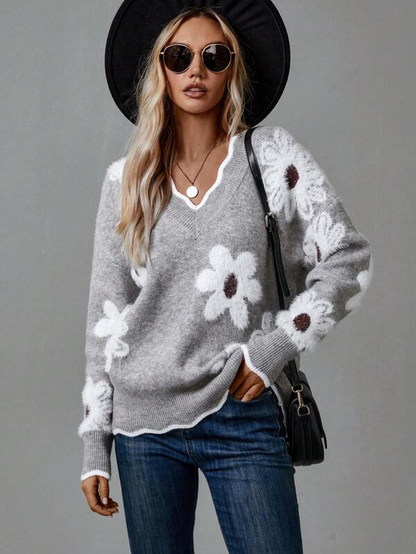 Women's Floral V-Neck Sweater – Soft Knit Pullover Top
