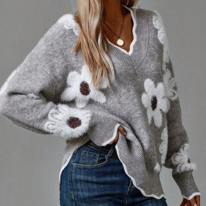 Women's Floral V-Neck Sweater – Soft Knit Pullover Top