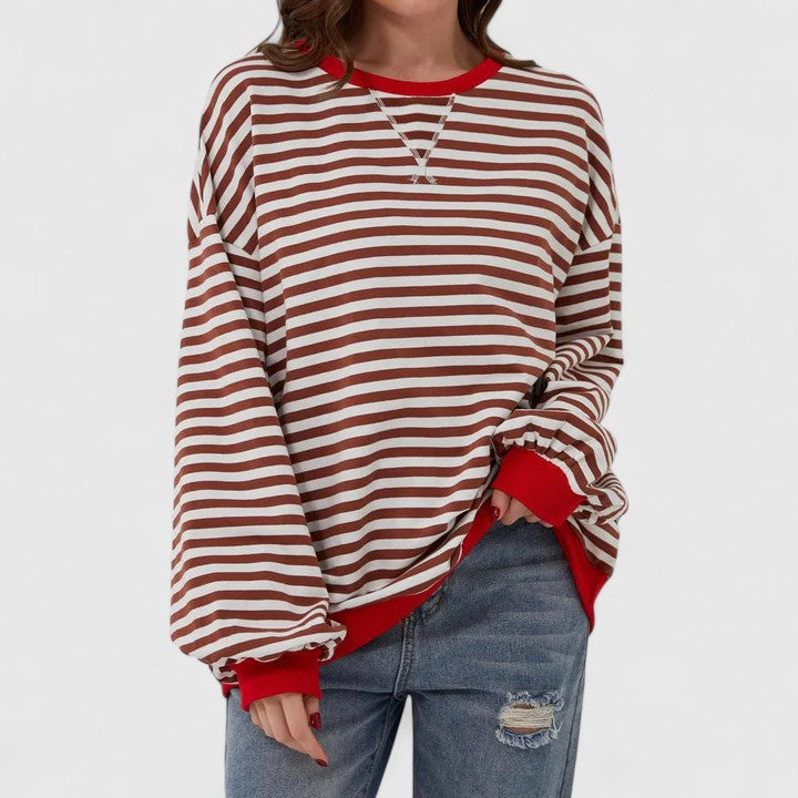 Women's Striped Sweater – Loose Fit Round Neck Long Sleeve Knit