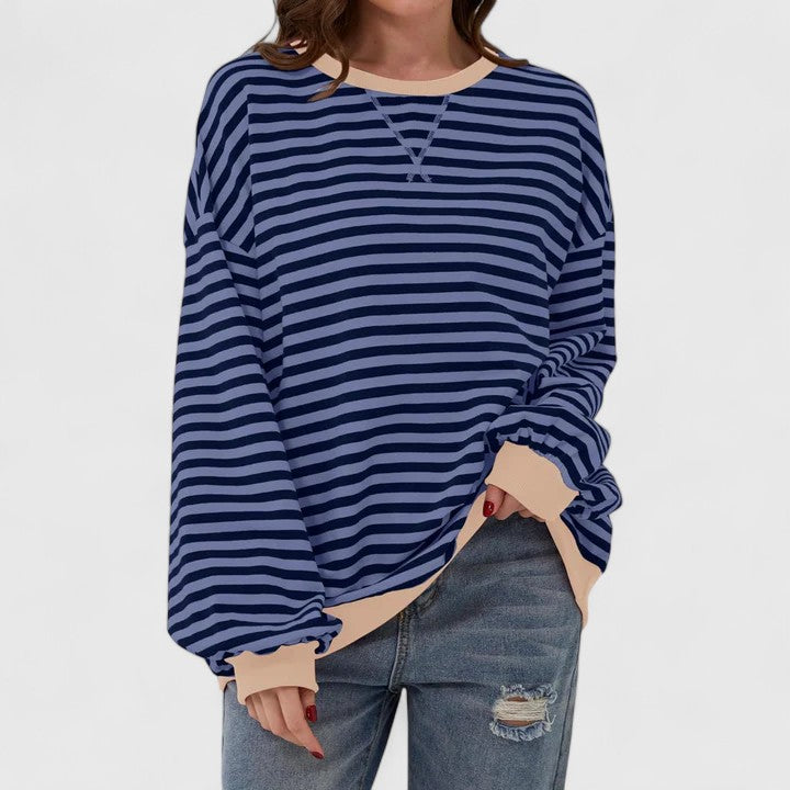 Women's Striped Sweater – Loose Fit Round Neck Long Sleeve Knit