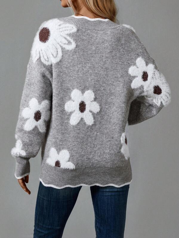 Women's Floral V-Neck Sweater – Soft Knit Pullover Top
