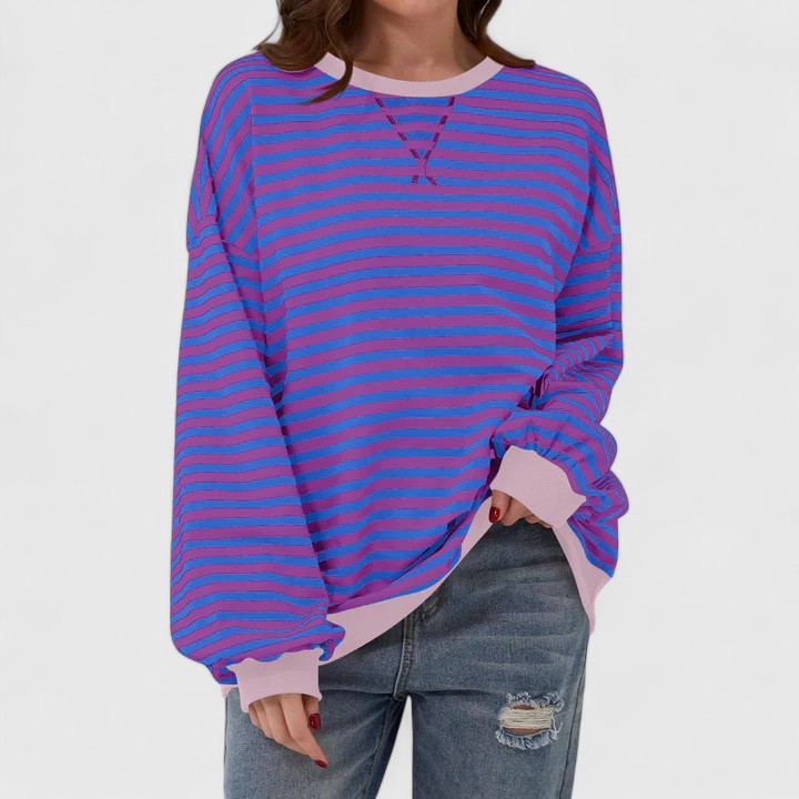 Women's Striped Sweater – Loose Fit Round Neck Long Sleeve Knit