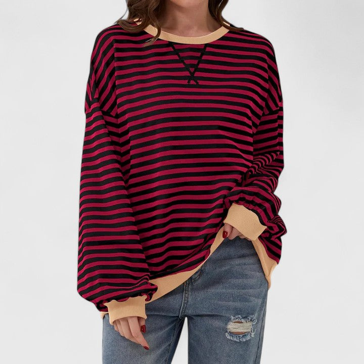 Women's Striped Sweater – Loose Fit Round Neck Long Sleeve Knit