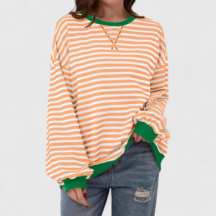 Women's Striped Sweater – Loose Fit Round Neck Long Sleeve Knit