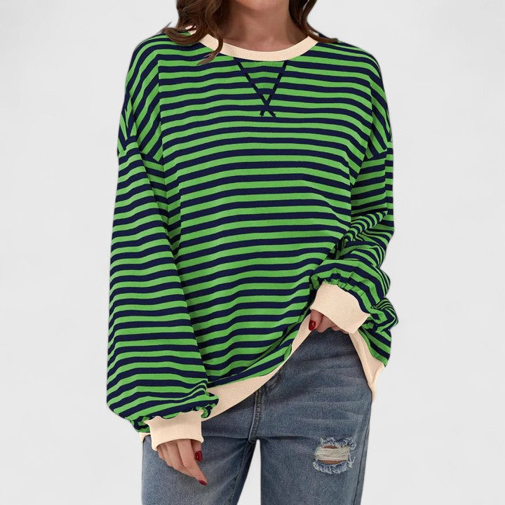 Women's Striped Sweater – Loose Fit Round Neck Long Sleeve Knit