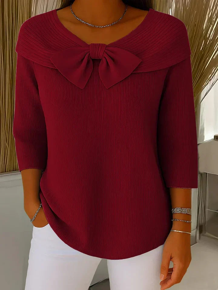 Women's Bow Detail Sweater – Fitted Round Neck Knit Pullover