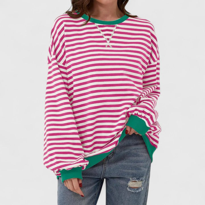 Women's Striped Sweater – Loose Fit Round Neck Long Sleeve Knit