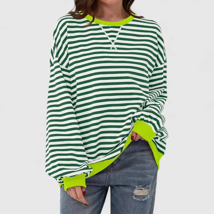 Women's Striped Sweater – Loose Fit Round Neck Long Sleeve Knit