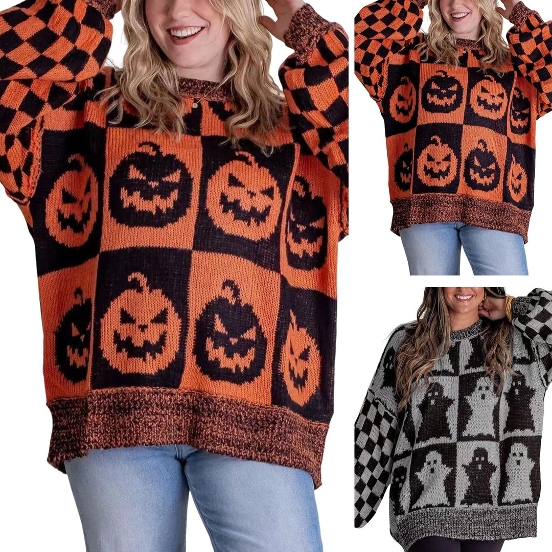 Women's Halloween Sweater – Pumpkin Print Checkered Knit Pullover