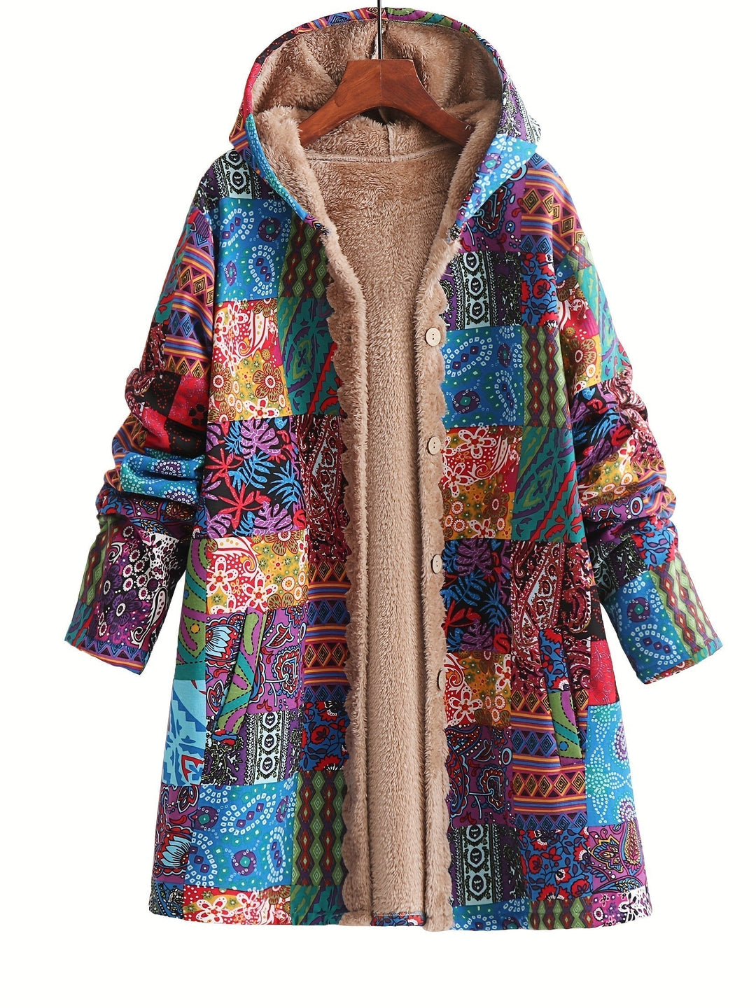 Women's Patchwork Jacket – Hooded Warm Lined Boho Winter Coat