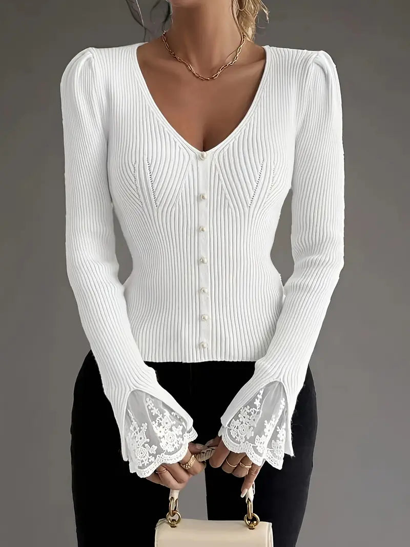 Women's V-Neck Sweater – Lace Flared Sleeve Pearl Button Knit Top