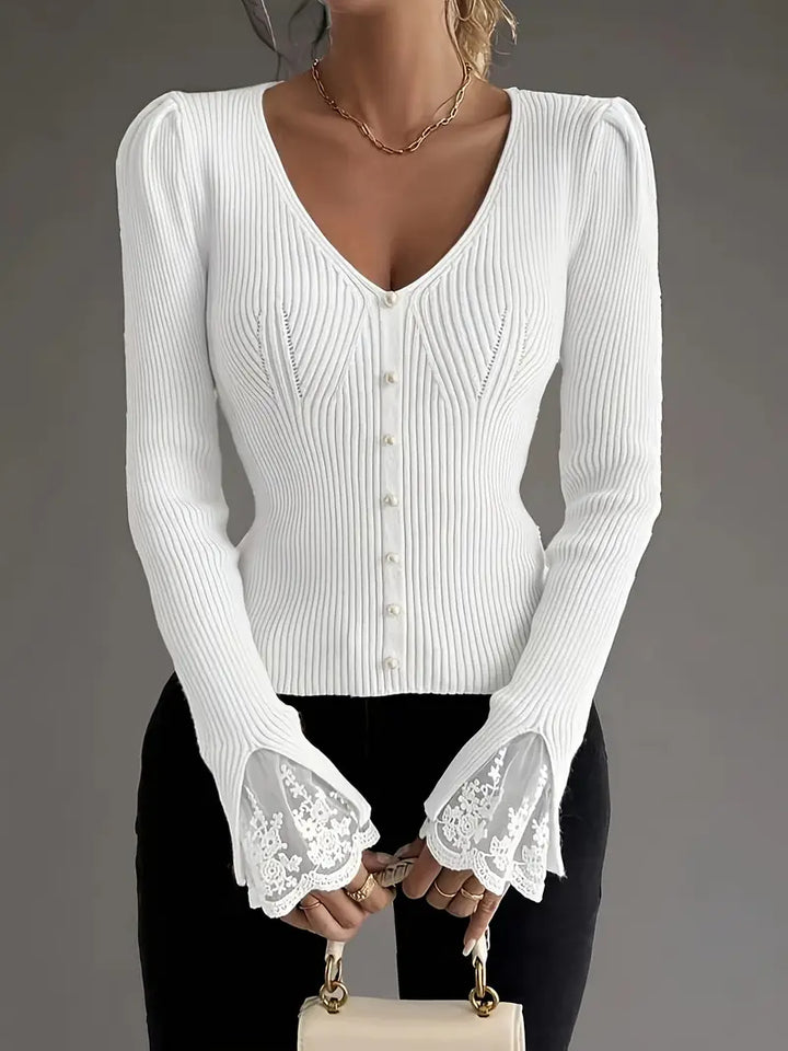 Women's V-Neck Sweater – Lace Flared Sleeve Pearl Button Knit Top