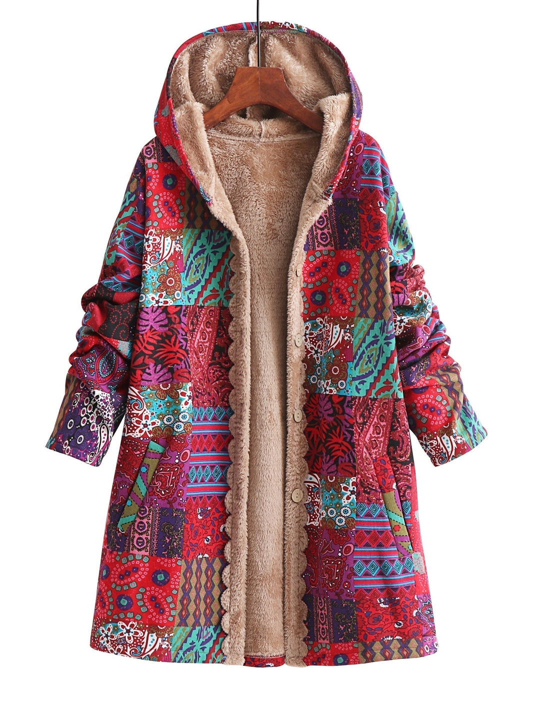 Women's Patchwork Jacket – Hooded Warm Lined Boho Winter Coat