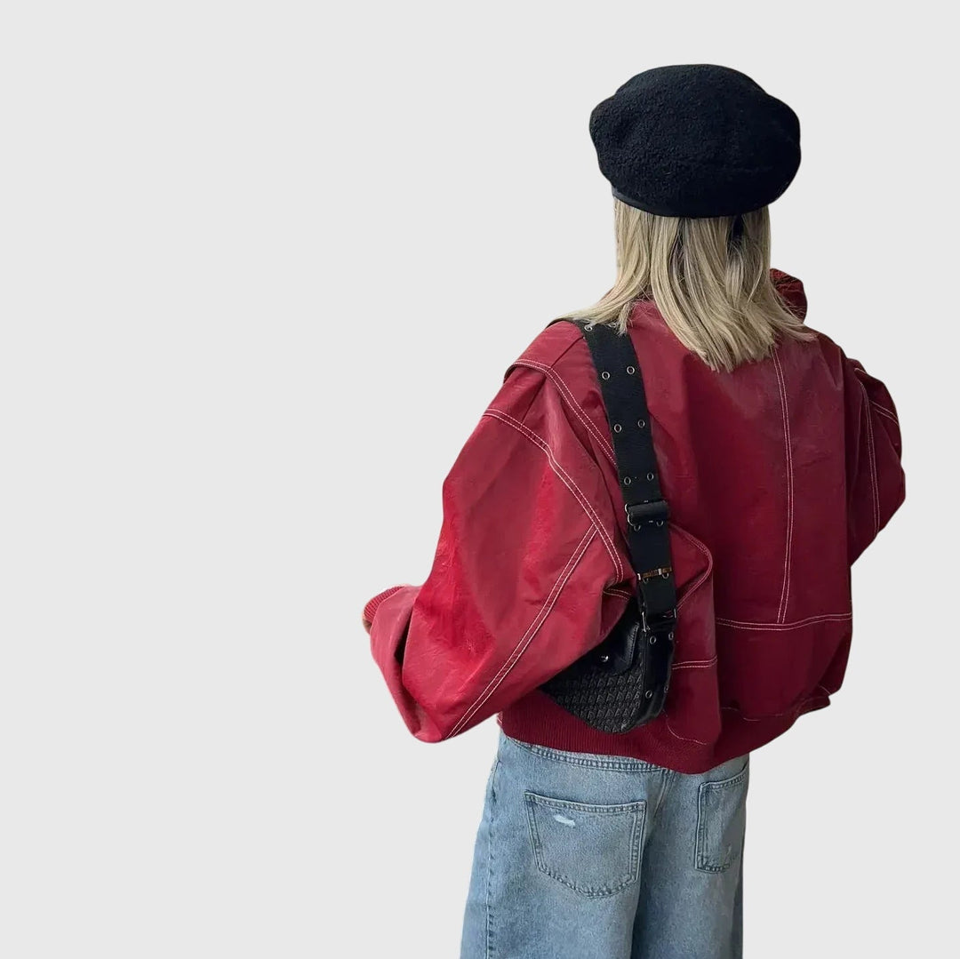 Women's Faux Leather Jacket – Oversized Red Biker Style Jacket