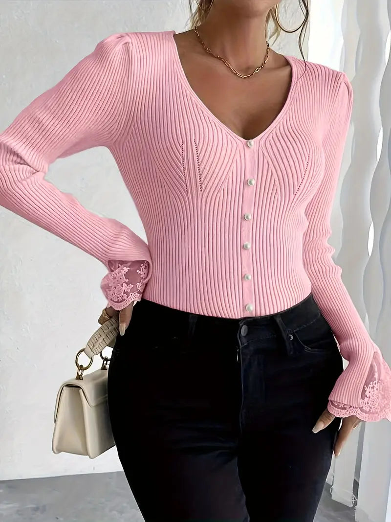 Women's V-Neck Sweater – Lace Flared Sleeve Pearl Button Knit Top