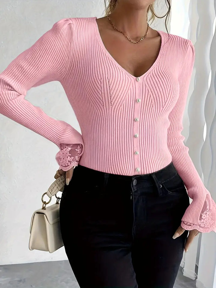 Women's V-Neck Sweater – Lace Flared Sleeve Pearl Button Knit Top