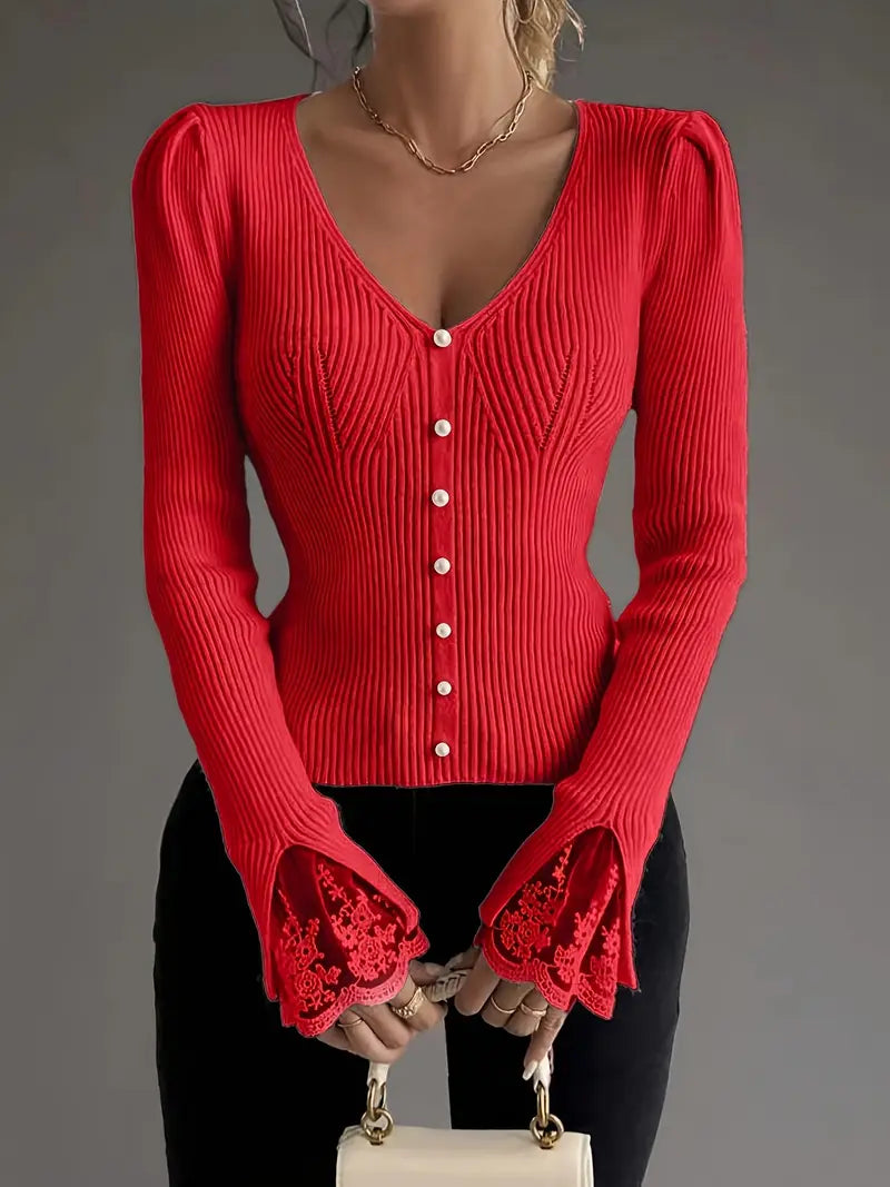 Women's V-Neck Sweater – Lace Flared Sleeve Pearl Button Knit Top