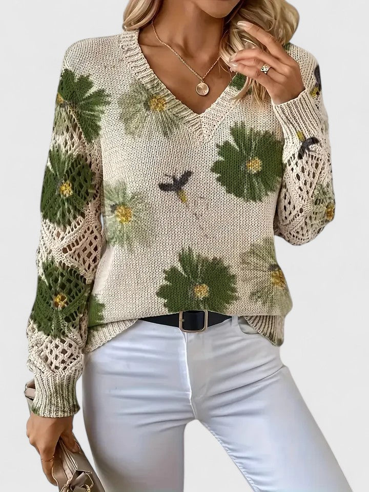 Women's Floral Sweater – V-Neck Long Sleeve Knit Pullover Top
