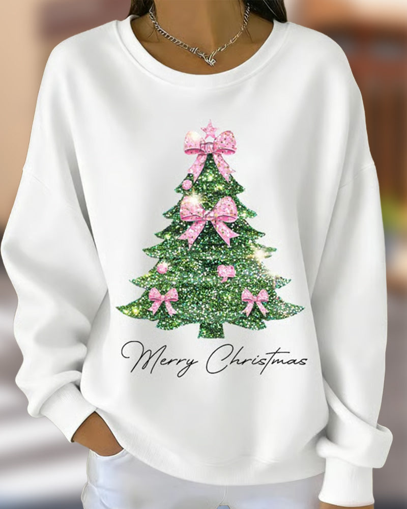 Women's Christmas Sweatshirt – Xmas Tree Print Round Neck Pullover