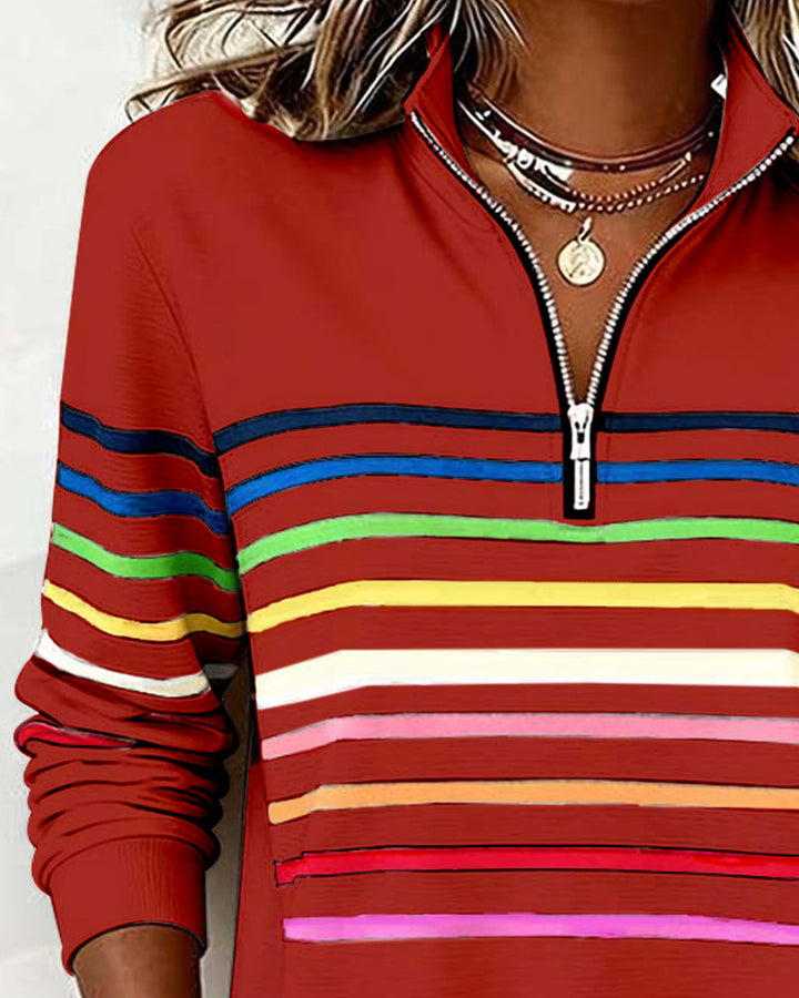 Women's Half Zip Sweatshirt – Rainbow Stripe Stand Collar Pullover