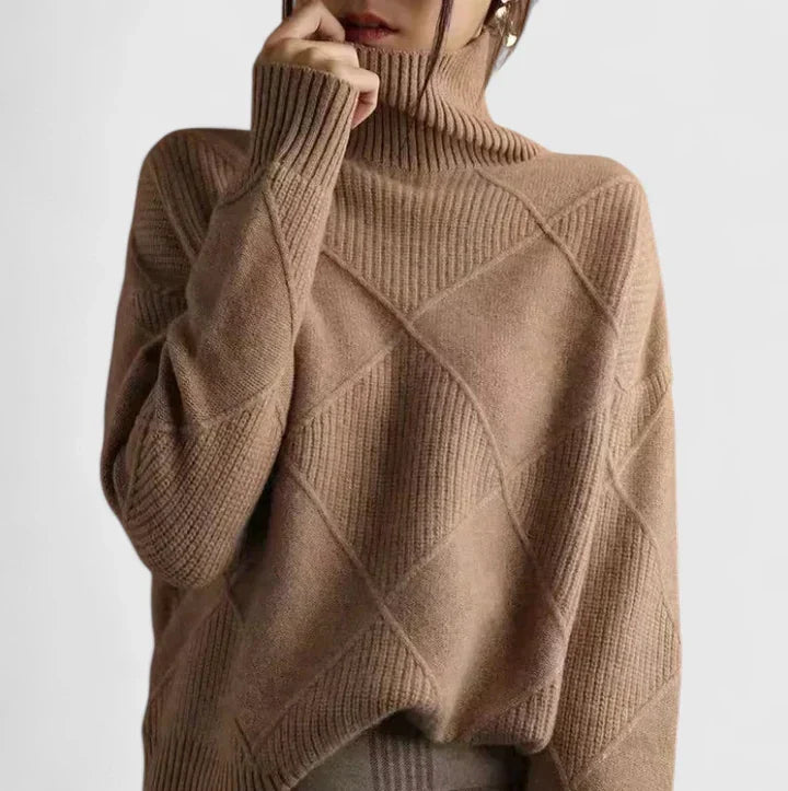 Women's High Neck Sweater – Loose Fit Soft Patterned Knit Pullover