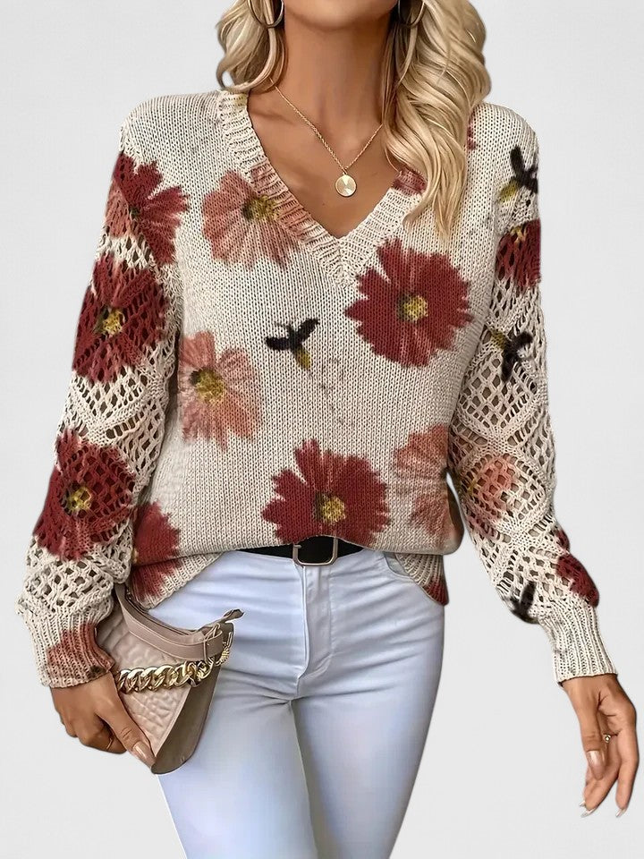 Women's Floral Sweater – V-Neck Long Sleeve Knit Pullover Top