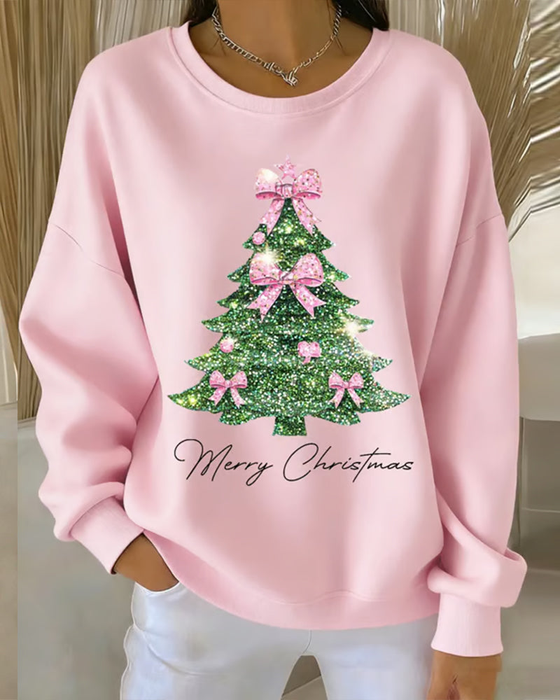 Women's Christmas Sweatshirt – Xmas Tree Print Round Neck Pullover