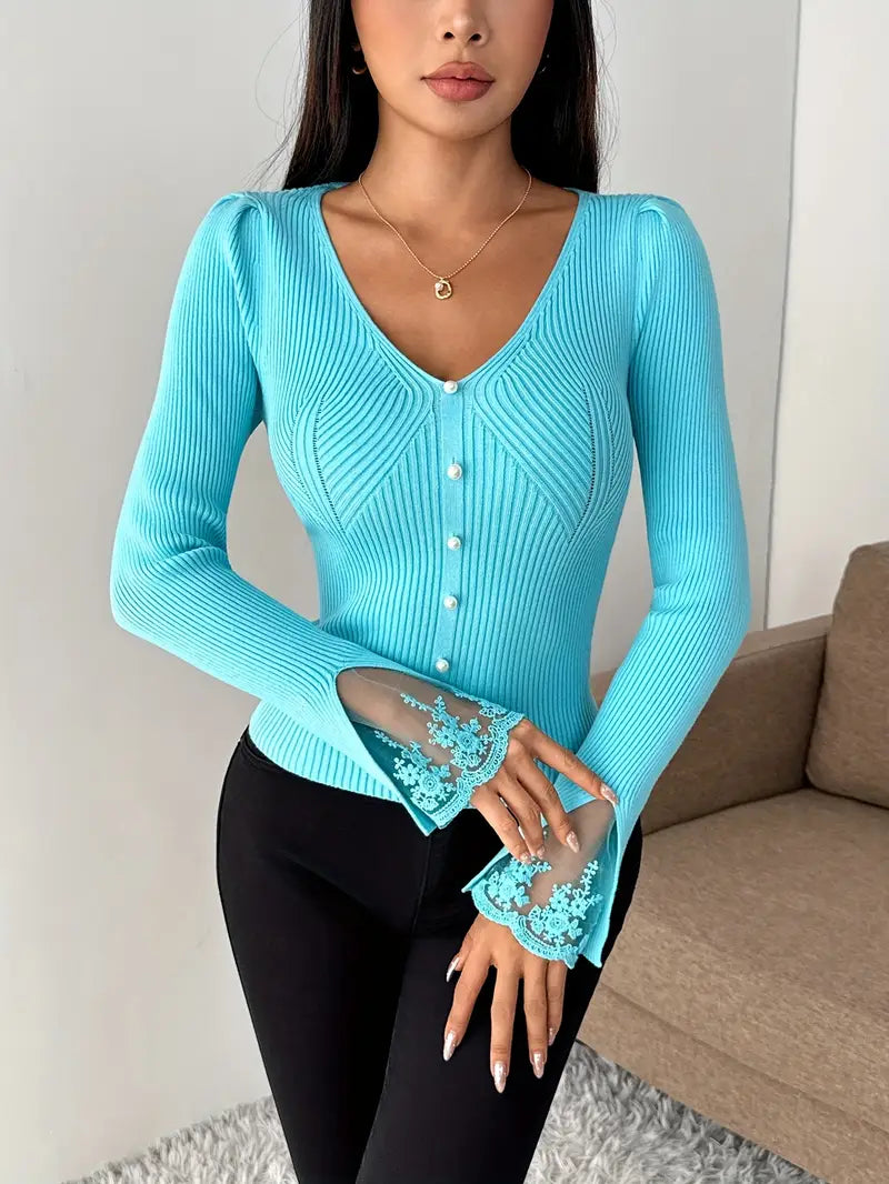 Women's V-Neck Sweater – Lace Flared Sleeve Pearl Button Knit Top