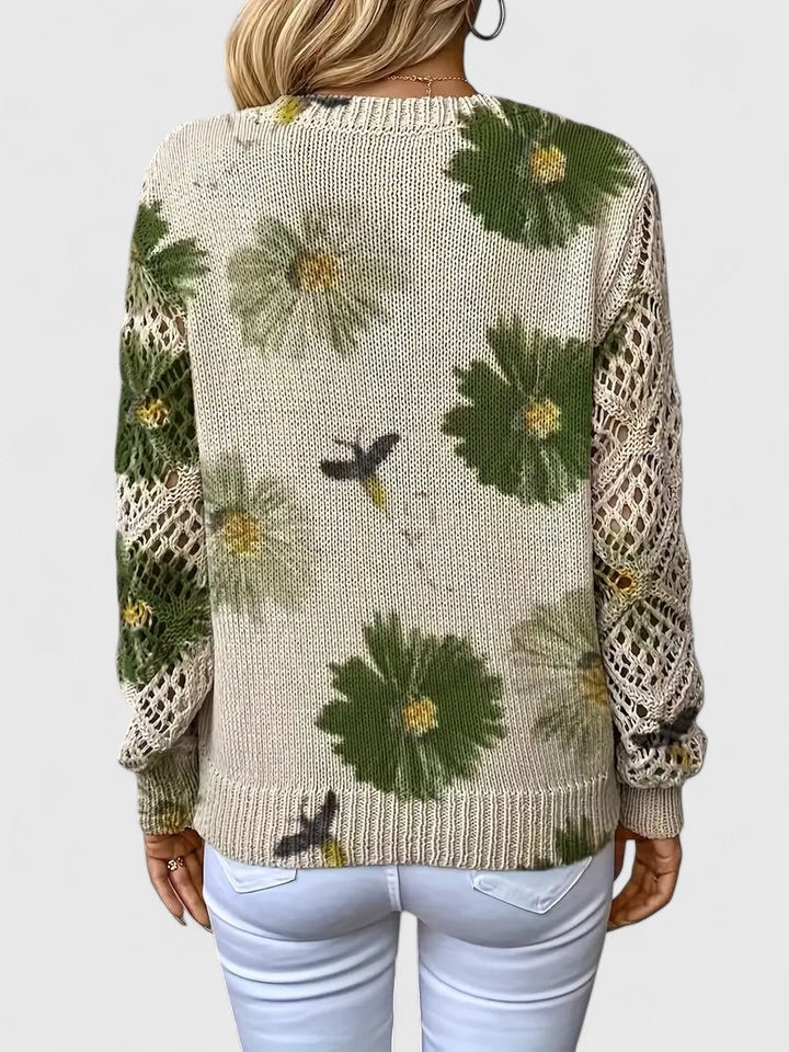 Women's Floral Sweater – V-Neck Long Sleeve Knit Pullover Top