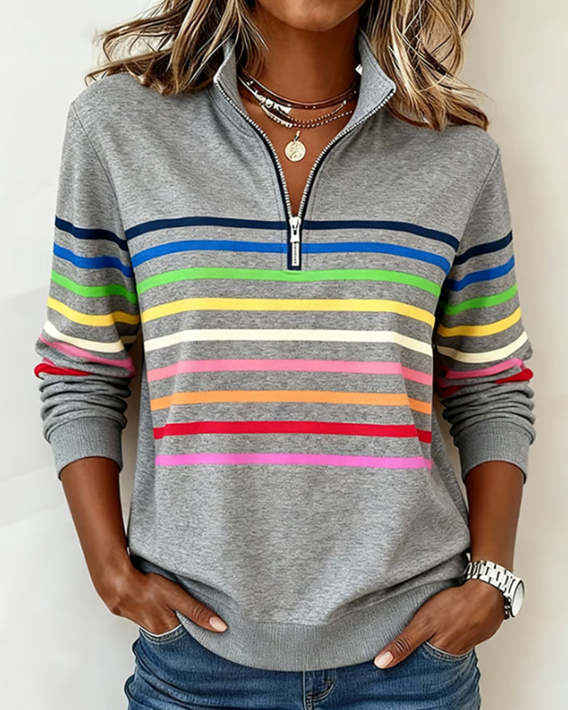 Women's Half Zip Sweatshirt – Rainbow Stripe Stand Collar Pullover