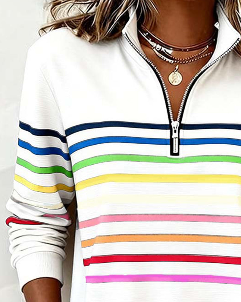 Women's Half Zip Sweatshirt – Rainbow Stripe Stand Collar Pullover