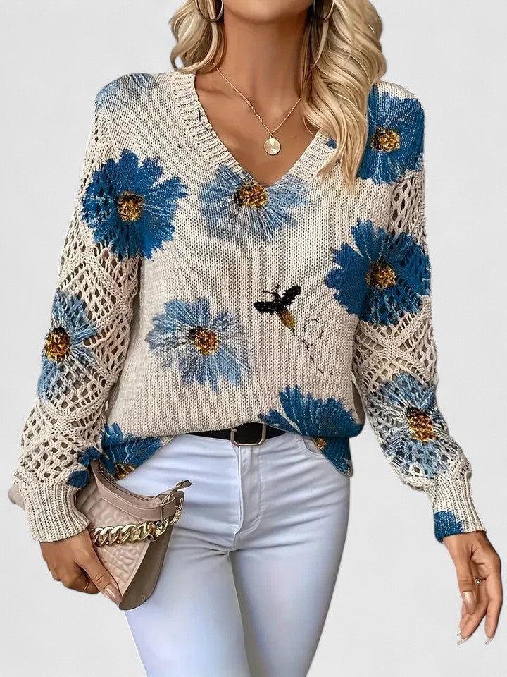 Women's Floral Sweater – V-Neck Long Sleeve Knit Pullover Top