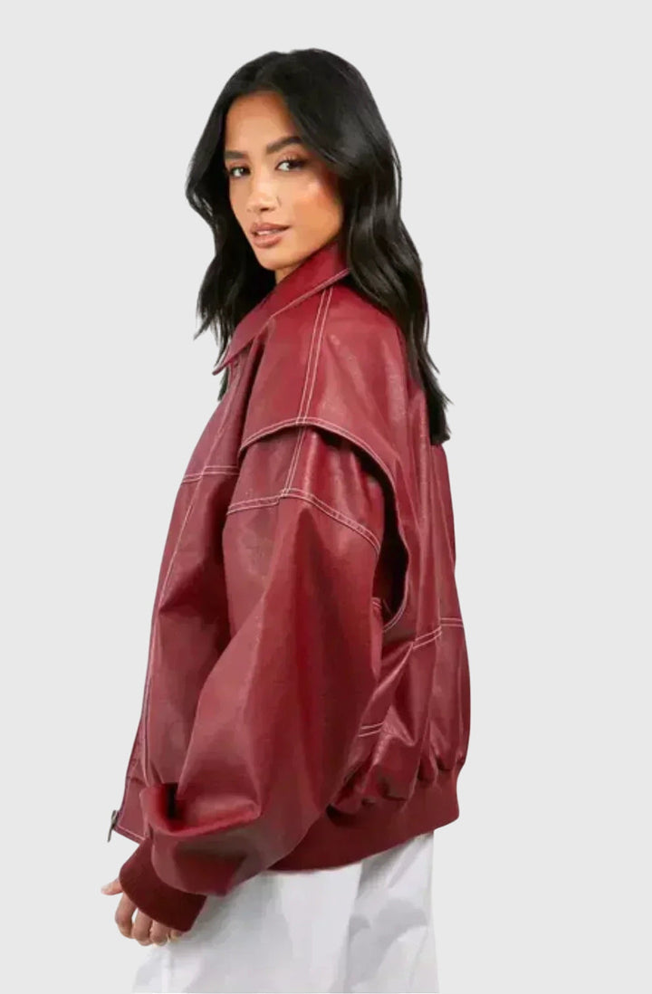 Women's Faux Leather Jacket – Oversized Red Biker Style Jacket