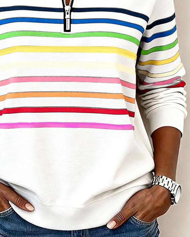 Women's Half Zip Sweatshirt – Rainbow Stripe Stand Collar Pullover