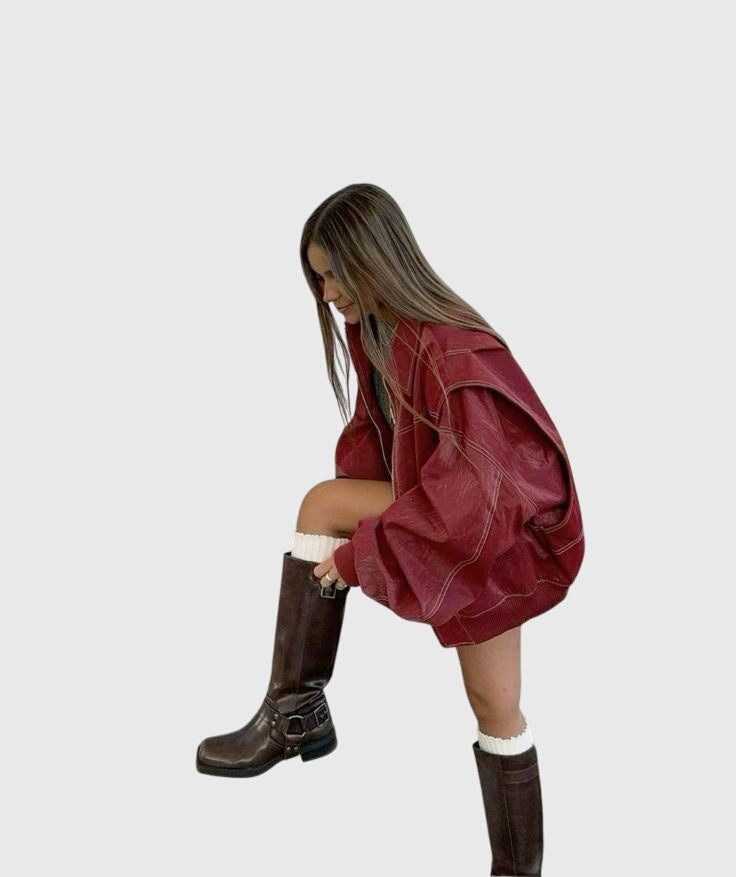 Women's Faux Leather Jacket – Oversized Red Biker Style Jacket