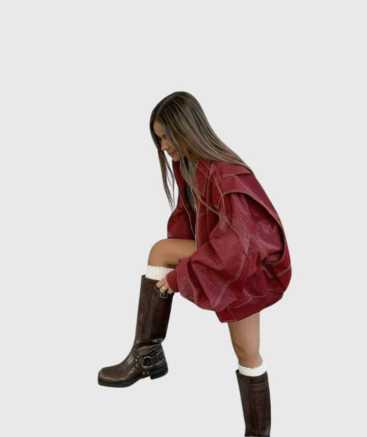 Women's Faux Leather Jacket – Oversized Red Biker Style Jacket