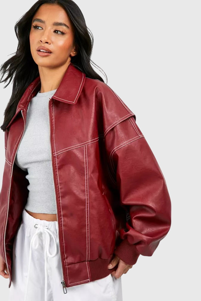 Women's Faux Leather Jacket – Oversized Red Biker Style Jacket