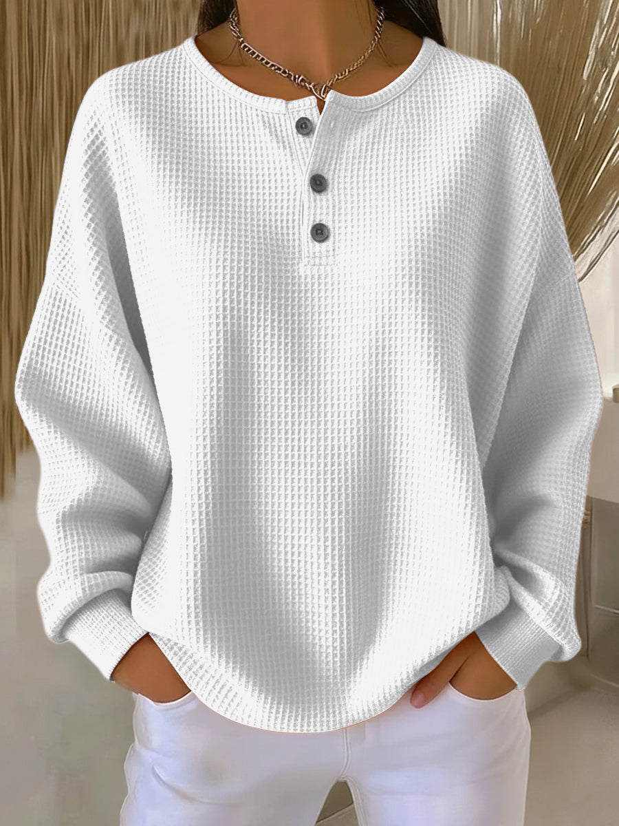 Women's Henley Sweater – Button Neck Relaxed Fit Knit Pullover