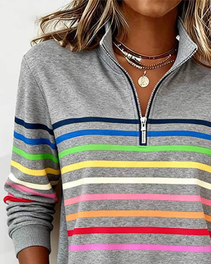 Women's Half Zip Sweatshirt – Rainbow Stripe Stand Collar Pullover