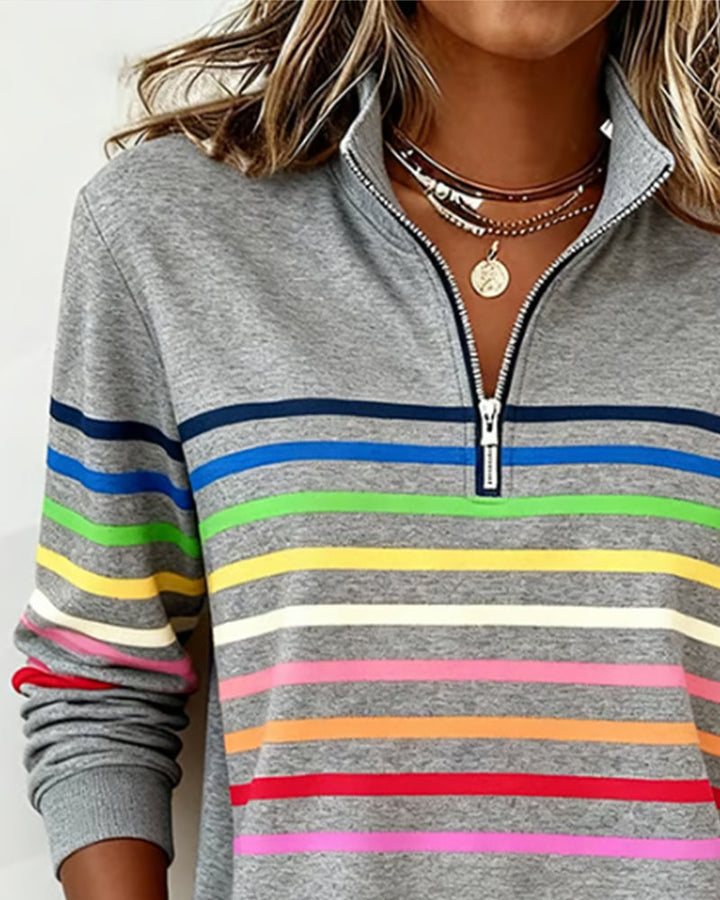 Women's Half Zip Sweatshirt – Rainbow Stripe Stand Collar Pullover