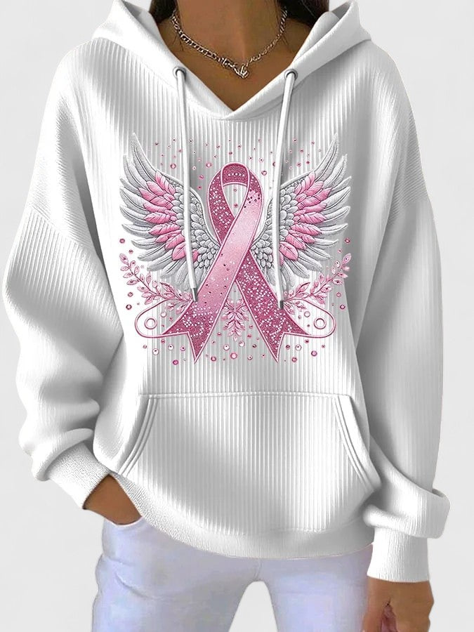 Women's Ribbon Print Hoodie – Drawstring Sweatshirt with Pockets
