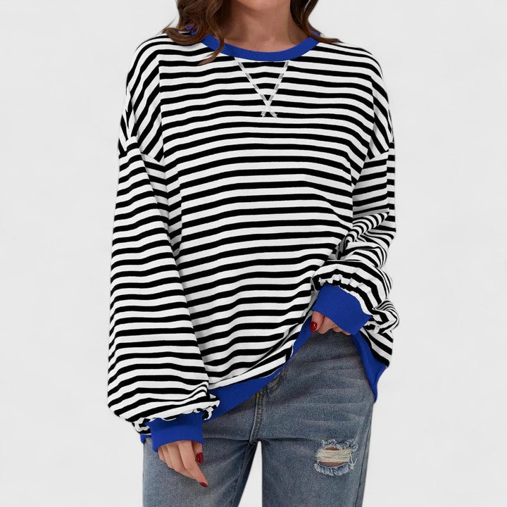 Women's Striped Sweater – Loose Fit Round Neck Long Sleeve Knit