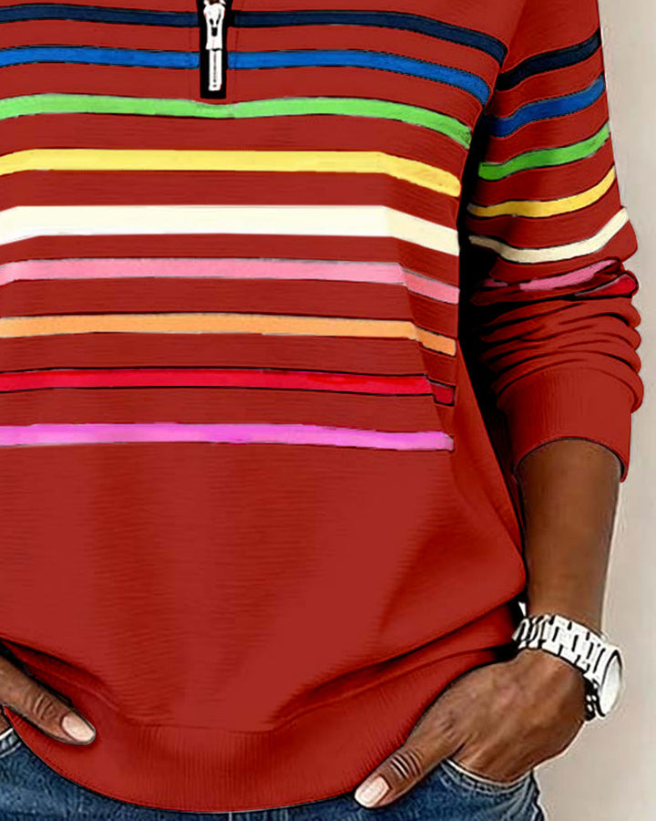 Women's Half Zip Sweatshirt – Rainbow Stripe Stand Collar Pullover
