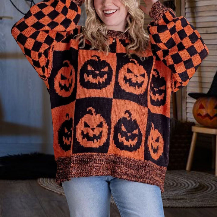 Women's Halloween Sweater – Pumpkin Print Checkered Knit Pullover