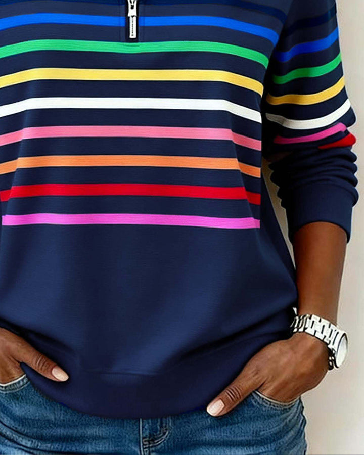 Women's Half Zip Sweatshirt – Rainbow Stripe Stand Collar Pullover