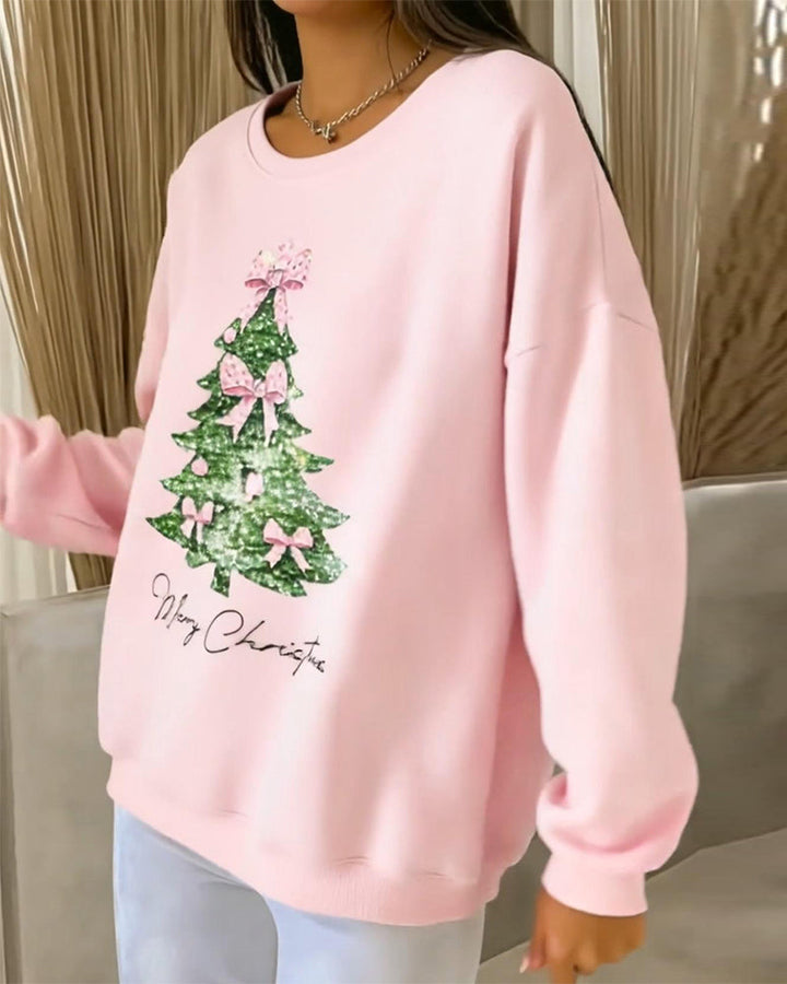 Women's Christmas Sweatshirt – Xmas Tree Print Round Neck Pullover