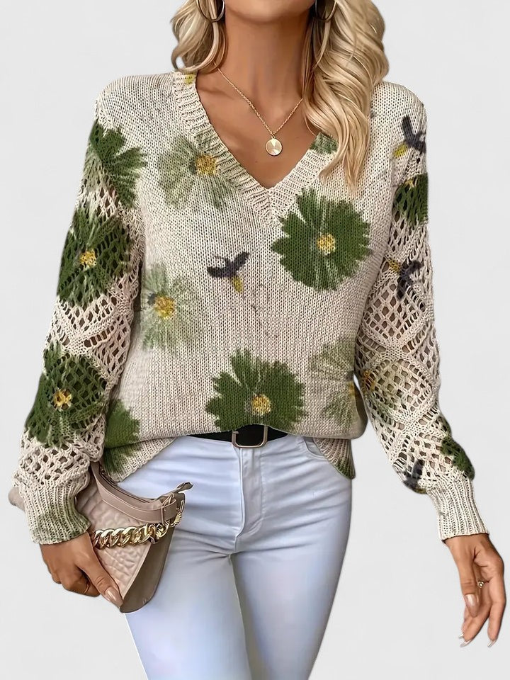 Women's Floral Sweater – V-Neck Long Sleeve Knit Pullover Top